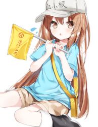 Rule 34 | 10s, 1girl, bag, black footwear, blue shirt, boots, brown eyes, brown hair, brown shorts, character name, chestnut mouth, clothes writing, commentary request, dutch angle, flag, flat cap, flying sweatdrops, grey hat, hair between eyes, hands up, hat, hataraku saibou, highres, holding, holding flag, kamioka shun&#039;ya, knee boots, long hair, looking at viewer, parted lips, platelet (hataraku saibou), polka dot, shirt, short shorts, short sleeves, shorts, shoulder bag, sitting, solo, very long hair, wariza, white background
