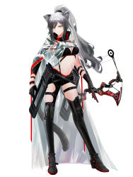 Rule 34 | 1girl, absurdres, animal ears, arknights, arrow (projectile), black footwear, black gloves, black leggings, black pants, black thighhighs, bow (weapon), breasts, cape, cat ears, cat tail, cleavage, commentary, compound bow, crop top, full body, gloves, high collar, highres, holding, holding bow (weapon), holding weapon, leggings, long hair, looking at viewer, medium breasts, midriff, navel, pants, ponytail, quiver, schwarz (arknights), see-through, shidai, shoes, silver hair, simple background, single thighhigh, solo, standing, stomach, tail, thighhighs, weapon, white background, yellow eyes