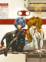 Rule 34 | 2girls, arm support, ass, ayanami rei, back, black bodysuit, blue eyes, bodysuit, brown hair, darkcloudxero, evangelion: 3.0+1.0 thrice upon a time, hair ornament, highres, lips, long hair, looking back, lying, multiple girls, neon genesis evangelion, on stomach, pilot suit, plugsuit, rebuild of evangelion, red eyes, shiny clothes, short hair, sitting, skin tight, skindentation, souryuu asuka langley, standing, two side up, very long hair, white bodysuit, wide hips
