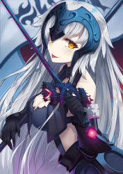 Rule 34 | 1girl, :p, bare shoulders, breasts, cleavage, eyelashes, fate/apocrypha, fate/grand order, fate (series), fur trim, halterneck, headpiece, highres, jeanne d&#039;arc (fate), jeanne d&#039;arc alter (avenger) (fate), jeanne d&#039;arc alter (avenger) (third ascension) (fate), jeanne d&#039;arc alter (fate), looking to the side, mhong, pale skin, silver hair, solo, standard bearer, tongue, tongue out, yellow eyes