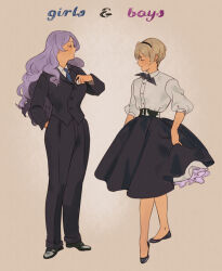 Rule 34 | 1boy, 1girl, ai-wa, black footwear, black jacket, black neckerchief, black pants, black skirt, blonde hair, blue necktie, breasts, brother and sister, camilla (fire emblem), closed eyes, commentary, crossdressing, english commentary, english text, facing another, fire emblem, fire emblem fates, full body, grey hair, hairband, hand in pocket, hand up, highres, jacket, leo (fire emblem), long hair, long sleeves, medium breasts, neckerchief, necktie, nintendo, open mouth, pants, parody, petticoat, profile, puffy sleeves, purple hair, role reversal, shirt, shoes, short hair, siblings, simple background, skirt, skirt hold, sleeves past elbows, smile, standing, trap, white shirt
