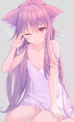 Rule 34 | 1girl, animal ears, breasts, cat ears, chestnut mouth, collarbone, highres, long hair, miyanome, nightgown, one eye closed, original, pink eyes, pink hair, seiza, simple background, sitting, small breasts, solo, spaghetti strap, strap slip, thighs, very long hair, white background