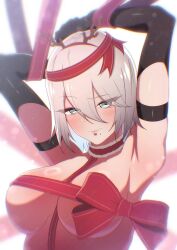 1girl a2_(nier:automata) armpits blue_eyes blush bound breasts choker covered_erect_nipples grey_hair hair_between_eyes kamitsune28rita large_breasts looking_at_viewer mole mole_under_mouth nier:automata nier_(series) red_ribbon ribbon ribbon_bondage sidelocks solo white_background