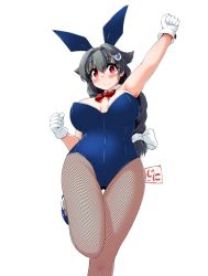 Rule 34 | 1girl, alternate costume, animal ears, black hair, blue leotard, bow, bowtie, breasts, detached collar, fake animal ears, fishnet pantyhose, fishnets, gloves, hair flaps, hair ornament, hairclip, jingei (kancolle), jini ya1, kantai collection, large breasts, leotard, long hair, low ponytail, pantyhose, playboy bunny, rabbit ears, red bow, red bowtie, red eyes, solo, standing, standing on one leg, strapless, strapless leotard, whale hair ornament, white gloves