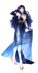 Rule 34 | 1girl, absurdres, armpits, artist request, bare shoulders, black dress, black hair, black lips, breasts, choker, cleavage, closed mouth, detached sleeves, dress, earrings, fire emblem, fire emblem: the blazing blade, fire emblem heroes, gem, gold trim, high heels, highres, holding, holding clothes, holding dress, jewelry, long hair, looking at viewer, nintendo, see-through, see-through dress, simple background, solo, sonia (fire emblem: the blazing blade), thigh strap, transparent background, yellow eyes, yellow footwear