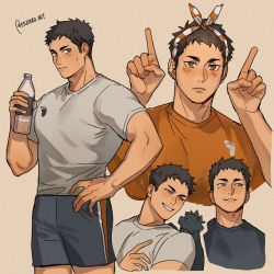 Rule 34 | 1boy, adam&#039;s apple, black cat, black hair, blush, bottle, brown eyes, brown hair, cat, cowboy shot, cropped torso, etceteraart, expressionless, gym shorts, haikyuu!!, hand on own hip, headwear request, highres, holding, holding bottle, light smile, logo, looking at animal, looking at viewer, looking to the side, male focus, multiple views, muscular, muscular male, pectorals, pointing, pointing up, portrait, sawamura daichi, serious, shirt, short hair, shorts, sideburns, simple background, smile, sportswear, sweat, t-shirt, twitter username, water bottle