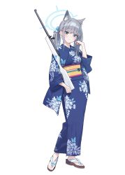 Rule 34 | 1girl, absurdres, animal ear fluff, animal ears, assault rifle, baffu, blue archive, blue eyes, blue kimono, blush, closed mouth, cross, cross hair ornament, extra ears, floral print, grey hair, gun, hair ornament, halo, highres, holding, holding gun, holding weapon, inverted cross, japanese clothes, kimono, long hair, long sleeves, looking at viewer, mismatched pupils, print kimono, rifle, sandals, sash, shiroko (blue archive), smile, solo, standing, twintails, weapon, wide sleeves, wolf ears, yukata, zouri