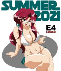 Rule 34 | 1girl, 2021, 20s, arm support, azielarcangel, bikini, breasts, brown hair, cleavage, collarbone, creatures (company), dated, game freak, glasses, green eyes, highres, large breasts, long hair, looking at viewer, lorelei (pokemon), navel, nintendo, open mouth, pokemon, pokemon (anime), pokemon (classic anime), side-tie bikini bottom, smile, summer, swimsuit, white background, white bikini