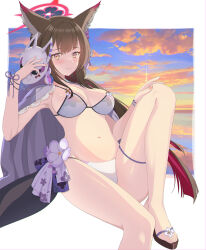 Rule 34 | 1girl, animal ear fluff, animal ears, armpits, bikini, blue archive, blush, border, bracelet, breasts, brown hair, closed mouth, colored inner hair, eko, eyelashes, feet, flip-flops, floral print, flower, foot out of frame, fox ears, fox girl, fox mask, fox tail, gradient eyes, halo, hands up, highres, holding, holding mask, invisible chair, jacket, jacket on shoulders, jewelry, knee up, large breasts, leaning back, legs, long hair, looking at viewer, mask, multicolored eyes, multicolored hair, navel, outdoors, pink hair, pink halo, print bikini, purple eyes, purple flower, red hair, sandals, sidelocks, sitting, smile, solo, stomach, streaked hair, sunset, swimsuit, tail, thighs, toenails, toes, very long hair, wakamo (blue archive), wakamo (swimsuit) (blue archive), white bikini, white border, yellow eyes