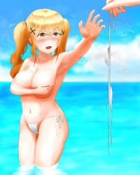 Rule 34 | 1girl, 1other, armpits, bang dream!, bikini, bikini top only, bird, blonde hair, blush, breasts, brown eyes, cloud, covering privates, covering breasts, embarrassed, furiousghafo, hair ornament, highres, holding, holding bikini top, ichigaya arisa, large breasts, long hair, navel, ocean, outdoors, outstretched arm, seagull, sky, solo focus, standing, swimsuit, topless, twintails, wading, water, wavy mouth, wet, white bikini, x hair ornament