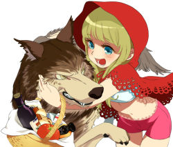 Rule 34 | 1girl, apple, basket, big bad wolf, bike shorts, blonde hair, blue eyes, bottle, bread, cape, food, fruit, grimm&#039;s fairy tales, hood, little red riding hood, little red riding hood (grimm), milk, miyata souji, red cape, shorts, solo, wolf