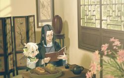 Rule 34 | 234 (1234!), 2boys, absurdres, animal ear fluff, animal ears, black hair, blurry, book, cat boy, cat ears, child, closed eyes, depth of field, flower, green eyes, highres, indoors, long hair, long sleeves, luo xiaohei, luo xiaohei (human), luo xiaohei zhanji, multiple boys, open book, open mouth, pink flower, shadow, short hair, table, teapot, white hair, wide sleeves, window, wuxian (the legend of luoxiaohei)