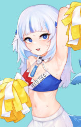 Rule 34 | 1girl, :3, absurdres, aqua background, arm up, armpits, bags under eyes, bare shoulders, blue eyes, blue hair, blunt bangs, breasts, cheerleader, cosplay, cowboy shot, detached collar, fang, fins, fish tail, gawr gura, grey hair, hair ornament, highres, hololive, hololive english, hun2, long hair, looking at viewer, medium hair, midriff, millennium cheerleader outfit (blue archive), multicolored hair, navel, open mouth, pleated skirt, pom pom (cheerleading), shark girl, shark hair ornament, shark tail, sharp teeth, side ponytail, simple background, skirt, small breasts, solo, streaked hair, sweat, sweatdrop, tail, teeth, two side up, virtual youtuber