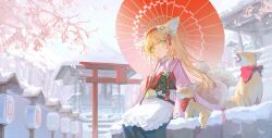 Rule 34 | 1girl, absurdres, animal, animal ears, apron, architecture, arknights, blonde hair, charcy-tea, closed mouth, coin purse, east asian architecture, flower, fox, fox ears, fox girl, fox tail, frilled apron, frills, green eyes, hair flower, hair ornament, hairband, highres, holding, holding umbrella, japanese clothes, kimono, kitsune, kyuubi, long hair, long sleeves, multiple tails, obi, official alternate costume, oil-paper umbrella, pink kimono, pinwheel, red hairband, red umbrella, sash, sitting, snow, solo, suzuran (arknights), suzuran (yukibare) (arknights), tail, umbrella, waist apron, white apron, wide sleeves, winter, yagasuri