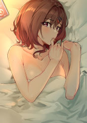 Rule 34 | 1girl, absurdres, areola slip, bare arms, bare shoulders, bed sheet, blanket, blush, breasts, brown hair, cellphone, cleavage, collarbone, completely nude, finger to mouth, from above, hair between eyes, hair ornament, hairclip, highres, higuchi madoka, idolmaster, idolmaster shiny colors, looking at viewer, looking up, lying, medium breasts, mole, mole under eye, nonbire, nude, on back, on bed, phone, red eyes, sheet grab, short hair, smartphone, solo, sweat, under covers, upper body