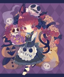 Rule 34 | 1girl, adapted costume, alternate costume, bell, black bow, black ribbon, blunt bangs, blush, bow, braid, cat tail, chibi, dress, enmaided, expressionless, flaming skull, floating hair, floating skull, frills, full body, green dress, hair bow, hair ribbon, halloween, hat, highres, jack-o&#039;-lantern, jingle bell, kaenbyou rin, leg ribbon, long hair, looking at viewer, maid, multiple tails, nekomata, nikorashi-ka, red bow, red eyes, red hair, ribbon, solo, standing, standing on one leg, tail, tail bow, tail ornament, touhou, tress ribbon, twin braids, twintails, two tails, witch hat