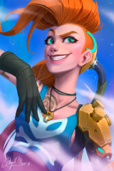 Rule 34 | 1girl, absurdres, angelmoonlight, arm tattoo, black gloves, blue shirt, breasts, cable, chest tattoo, day, gloves, green eyes, grin, hand up, highres, jinx (league of legends), league of legends, long hair, mechanical arms, medium breasts, odyssey jinx, official alternate costume, orange hair, outdoors, red hair, shirt, single mechanical arm, skull print, smile, tattoo, teeth