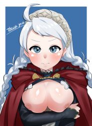 Rule 34 | 1girl, ahoge, black bridal gauntlets, blue eyes, blush, braid, breasts, bridal gauntlets, capelet, closed mouth, commission, commissioner upload, fire emblem, fire emblem fates, flashing, hairband, highres, hood, hood down, hooded capelet, kouji (kozi master), looking at viewer, low twin braids, low twintails, medium breasts, nina (fire emblem), nintendo, nipples, non-web source, parted bangs, red capelet, red hood, skeb commission, thank you, twin braids, twintails, white hair, white hairband
