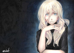 Rule 34 | 1girl, alternate costume, black sweater, blonde hair, blue eyes, closed mouth, cross, dark background, hair between eyes, jewelry, kantai collection, long hair, looking at viewer, millipen (medium), mole, mole under eye, necklace, richelieu (kancolle), ring, sleeves rolled up, solo, sweater, tesun (g noh), traditional media, watercolor pencil (medium)