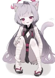 Rule 34 | 1girl, animal ear fluff, animal ears, bandaged arm, bandaged leg, bandages, bell, black dress, black nails, blue archive, blush, cat ears, cat tail, dress, fang, flat chest, gauze, gauze on cheek, grey hair, halo, highres, jingle bell, long hair, looking at viewer, obi, okobo, parted lips, pink eyes, sandals, sash, short dress, shuro (blue archive), sideless dress, sideless outfit, simple background, sitting, sketch, smile, solo, tail, tsunamayo ux xu, white background