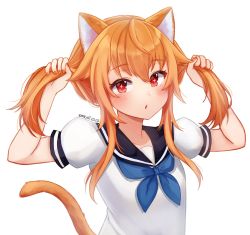 Rule 34 | 1girl, animal ears, black sailor collar, blouse, blue neckerchief, blush, bunching hair, cat ears, cat girl, cat tail, commentary, dated, highres, holding, holding own hair, indie virtual youtuber, kaheru (vtuber), long hair, looking at viewer, neckerchief, orange hair, parted lips, puffy short sleeves, puffy sleeves, red eyes, sailor collar, school uniform, serafuku, shirt, short sleeves, signature, simple background, solo, tail, temachii, twintails, upper body, virtual youtuber, white background, white shirt