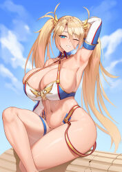 Rule 34 | 1girl, absurdres, arm up, armpit crease, armpit focus, armpits, bare shoulders, bikini, blonde hair, blue bikini, blue eyes, blue gloves, blue sky, blush, bradamante (fate), bradamante (third ascension) (fate), braid, breasts, cleavage, crossed bangs, crown braid, curvy, day, elbow gloves, fate/grand order, fate (series), gloves, gold trim, grin, hair between eyes, highleg, highleg bikini, highres, huge breasts, jingb dx, long hair, looking at viewer, navel, one eye closed, sitting, sky, smile, solo, stomach, swimsuit, thick thighs, thighs, twintails, two-tone bikini, two-tone gloves, very long hair, white bikini, white gloves, wide hips
