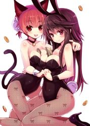 Rule 34 | 2girls, alternate costume, alternate hairstyle, animal ears, asymmetrical docking, bare arms, bare shoulders, bell, between breasts, blush, breast press, breasts, brown hair, bun cover, cat ears, cat tail, cleavage, collar, collarbone, fake animal ears, fishnet pantyhose, fishnets, hair bun, high heels, holding hands, kaenbyou rin, kemonomimi mode, kittysuit, kneeling, leotard, long hair, looking at viewer, minamura haruki, money, tucked money, multiple girls, multiple tails, neck bell, no wings, nontraditional playboy bunny, pantyhose, playboy bunny, pointy ears, purple eyes, rabbit ears, rabbit tail, red eyes, red hair, reiuji utsuho, simple background, single hair bun, smile, symmetrical docking, tail, tongue, tongue out, touhou, unmoving pattern, white background, wrist cuffs