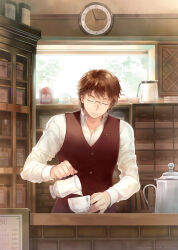 Rule 34 | 1boy, barista, black vest, book, bookshelf, brown hair, cabinet, clock, closed eyes, cup, day, facing viewer, highres, indoors, long sleeves, male focus, menu, original, pitcher (container), pouring, shirt, short hair, solo, takeda mika, teacup, vest, white shirt, window