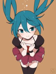 Rule 34 | 1/6 -out of the gravity- (vocaloid), 1girl, blue eyes, blue hair, blush, book, bracelet, brown background, commentary request, floating hair, giryu, halterneck, hatsune miku, highres, holding, holding book, jewelry, long hair, looking to the side, short sleeves, skirt, smile, solo, thighhighs, twintails, vocaloid