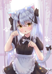 Rule 34 | 1girl, :o, animal ear fluff, animal ears, apron, backlighting, black bow, black dress, black hair, blush, bow, breasts, brown eyes, cat ears, cat girl, cat tail, commentary request, curtains, dress, fang, frilled apron, frilled dress, frills, hair between eyes, hair bow, hair ornament, hairclip, hands up, head tilt, m ko (maxft2), maid, multicolored hair, original, parted lips, paw pose, puffy short sleeves, puffy sleeves, short sleeves, signature, silver hair, slit pupils, small breasts, solo, streaked hair, sunlight, tail, tail bow, tail ornament, transparent, twintails, white apron, white bow, window, x hair ornament