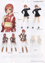 Rule 34 | 1girl, blazer, boots, character sheet, concept art, costume chart, female focus, hair ornament, hairclip, hand on own hip, hat, highres, holding, holding weapon, jacket, japanese clothes, kimono, knee boots, miniskirt, multiple views, one eye closed, panties, pleated skirt, red hair, ribbon, school uniform, seena kanon, shining (series), shining wind, short hair, simple background, skirt, smile, sword, thighhighs, tony taka, turnaround, underwear, weapon, white background, zettai ryouiki