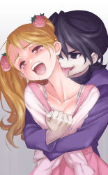 Rule 34 | 1boy, 1girl, black eyes, black hair, blonde hair, bra strap, breasts, cleavage, collarbone, crying, food-themed hair ornament, gradient background, grey background, hair ornament, highres, kirakira precure a la mode, kuroki rio, licking, licking another&#039;s neck, long hair, long sleeves, open mouth, pink eyes, pink skirt, precure, saliva, saliva trail, shirt, skirt, small breasts, strawberry hair ornament, tears, tongue, tongue out, tuqi pix, twintails, usami ichika, v-shaped eyebrows, white background, white shirt