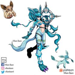 Rule 34 | 1girl, :3, animal ears, armor, artist name, blue eyes, blue hair, center opening, claws, commentary, creatures (company), digimon, eevee, elbow pads, english commentary, full body, game freak, gen 1 pokemon, gen 4 pokemon, glaceon, highres, holding, holding weapon, knee pads, long hair, nintendo, parody, personification, pokemon, reference inset, solo, style parody, tail, very long hair, villiam boom, weapon, white background, yellow eyes