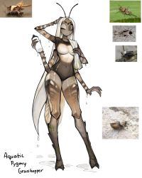 Rule 34 | 1girl, absurdres, antennae, arthropod girl, bottle, breasts, bug, commentary, english commentary, english text, extra arms, full body, grasshopper, highres, holding, holding bottle, bug, insect wings, looking at viewer, matilda fiship, medium breasts, monster girl, navel, one eye closed, original, photo-referenced, photo inset, reference inset, simple background, slit pupils, solo, towel, towel on one shoulder, water drop, wet, white background, wings