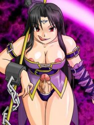 Rule 34 | 1futa, black hair, breasts, chain, cleavage, erection, futanari, huge breasts, licking lips, long hair, looking at viewer, penis, purple bonus, red eyes, scythe, solo, tongue, tongue out, uncensored