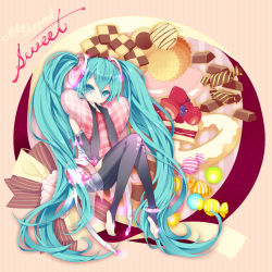 Rule 34 | aqua eyes, aqua hair, barefoot, bridal gauntlets, cake, candy, checkerboard cookie, chocolate, cookie, food, fruit, hatsune miku, hatsune miku (append), long hair, macaron, hugging object, pantyhose, pastry, pillow, pillow hug, r/k, solo, strawberry, sweets, twintails, very long hair, vocaloid, vocaloid append