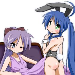 Rule 34 | 00s, 2girls, animal ears, ass, bad id, bad pixiv id, bare back, bare legs, bare shoulders, blue eyes, blue hair, blush, bow, bowtie, detached collar, dress, fake animal ears, gown, green eyes, hiiragi kagami, izumi konata, leotard, long hair, looking at viewer, looking back, lucky star, mizushima (p201112), mole, mole under eye, multiple girls, one eye closed, playboy bunny, ponytail, purple hair, rabbit ears, rabbit tail, simple background, tail, thong leotard, twintails, wink, wrist cuffs