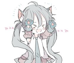 Rule 34 | &gt; &lt;, 1girl, ahoge, animal ear fluff, animal ears, animal hands, arms up, blush, cat ears, cat paws, chibi, closed eyes, collared shirt, commentary request, detached sleeves, fang, hair between eyes, hatsune miku, highres, long hair, long sleeves, notice lines, open mouth, shirt, simple background, solo, translation request, upper body, vocaloid, white background, white shirt, xxxx saki