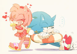 Rule 34 | ..., 1boy, 1girl, amy rose, animal nose, bad id, bad pixiv id, blush stickers, breasts, closed eyes, full body, furry, furry female, gloves, hairband, hand on own cheek, hand on own face, heart, heart print, lifebuoy, msg01, open mouth, pulling, red footwear, red hairband, sandals, shoes, skirt, small breasts, smile, sneakers, sonic (series), sonic the hedgehog, spoken ellipsis, swim ring, tank top, walking, white gloves