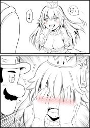 Rule 34 | !, 1boy, 1girl, blush, boo (mario), breasts, cleavage, cleavage cutout, clothing cutout, comic, commentary request, covering face, crown, dress, earrings, embarrassed, facial hair, flying sweatdrops, frills, ghost, greyscale, hair between eyes, hat, highres, jewelry, lace trim, large breasts, long hair, luigi, luigi&#039;s mansion, mario (series), mini crown, monochrome, mustache, new super mario bros. u deluxe, nintendo, princess king boo, sharp teeth, shy, spoken blush, spoken exclamation mark, super crown, surprised, sweatdrop, teeth, tongue, tongue out, twitter username, wavy mouth, yano toshinori