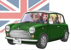 Rule 34 | 10s, 4girls, assam (girls und panzer), black neckwear, blonde hair, blue eyes, blue sweater, braid, car, closed mouth, darjeeling (girls und panzer), dress shirt, driving, flag background, frown, girls und panzer, long sleeves, looking at another, looking at viewer, looking to the side, mini cooper, motor vehicle, multiple girls, necktie, open mouth, orange hair, orange pekoe (girls und panzer), parted bangs, parted lips, red hair, riding, rosehip (girls und panzer), school uniform, shirt, short hair, sitting, smile, st. gloriana&#039;s school uniform, sweater, twin braids, union jack, uona telepin, v-neck, v-shaped eyebrows, vehicle focus, white shirt, wing collar