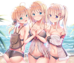 Rule 34 | 3girls, :d, ahoge, anchor hair ornament, ass, backlighting, backpack, bag, bare arms, bare shoulders, bikini, bismarck (kancolle), black bikini, black ribbon, blonde hair, blue eyes, blurry, blurry background, blush, bow, breasts, cleavage, closed mouth, collarbone, commentary request, day, depth of field, fingernails, girl sandwich, graf zeppelin (kancolle), green eyes, grey bikini, hair between eyes, hair bow, hair ornament, hair ribbon, hairclip, holding hands, interlocked fingers, jacket, kantai collection, large breasts, long hair, multiple girls, off shoulder, open clothes, open jacket, open mouth, outdoors, parted lips, prinz eugen (kancolle), purple eyes, red bow, revision, ribbon, sandwiched, see-through, shirakawako, smile, swimsuit, twintails, water, white bikini, white jacket
