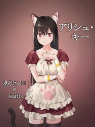 Rule 34 | 1girl, animal ears, apron, ari hinoko, black hair, black thighhighs, blush, brown background, cat ears, cat tail, closed mouth, commentary request, copyright request, cowboy shot, dress, highres, looking at viewer, maid, puffy short sleeves, puffy sleeves, red dress, red eyes, short sleeves, simple background, solo, standing, tail, thighhighs, wristband