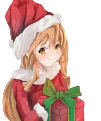Rule 34 | 1girl, absurdres, aisaka taiga, blush, box, brown eyes, brown hair, christmas, closed mouth, commentary, cynist1, english commentary, fur-trimmed headwear, fur trim, gift, gift box, hair between eyes, hat, highres, holding, holding gift, long hair, long sleeves, looking at viewer, mittens, red hat, red mittens, santa costume, santa hat, simple background, smile, solo, toradora!, upper body, white background