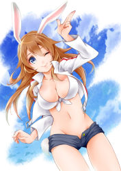 Rule 34 | 1girl, ;), akatsuki hijiri, animal ears, blue eyes, blue sky, breasts, charlotte e. yeager, cleavage, cloud, day, front-tie top, groin, jacket, large breasts, long hair, long sleeves, looking at viewer, navel, one eye closed, open clothes, open fly, orange hair, rabbit ears, rabbit girl, rabbit tail, short shorts, shorts, sky, smile, solo, strike witches, tail, unzipped, world witches series