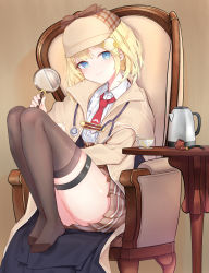 Rule 34 | 1girl, ass, blonde hair, blue eyes, blush, breasts, brown capelet, brown jacket, brown skirt, brown thighhighs, capelet, chair, coffee mug, collared shirt, commentary, cup, deerstalker, detective, hair ornament, hand up, hat, high-waist skirt, highres, holding, hololive, hololive english, jacket, knees up, long sleeves, looking at viewer, magnifying glass, mug, mustache print, necktie, no shoes, panties, panty peek, plaid, plaid skirt, pleated skirt, red necktie, shirt, sitting, skirt, small breasts, smile, smoking pipe, solo, stethoscope, table, teacup, terebi (shimizu1996), thighhighs, thighs, underwear, virtual youtuber, watson amelia, white shirt, wooden table