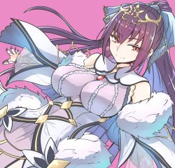 Rule 34 | 1girl, absurdres, breasts, dress, fate/grand order, fate (series), fur trim, gin moku, hair between eyes, headpiece, highres, jewelry, large breasts, long hair, looking at viewer, pink background, ponytail, purple dress, purple hair, red eyes, scathach (fate), scathach skadi (fate), scathach skadi (third ascension) (fate), solo, tiara