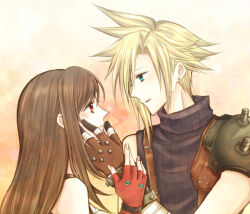 1boy 1girl armor bare_shoulders blonde_hair blue_eyes blue_sweater blush bosch brown_gloves brown_hair cloud_strife couple earrings final_fantasy final_fantasy_vii fingerless_gloves from_side gloves gradient_background hand_on_another&#039;s_cheek hand_on_another&#039;s_face height_difference jewelry light_smile long_hair looking_at_another materia parted_lips profile red_eyes red_gloves ribbed_sweater short_hair shoulder_armor sidelocks single_bare_shoulder sleeveless sleeveless_turtleneck spiked_hair stud_earrings suspenders sweater tifa_lockhart turtleneck turtleneck_sweater upper_body