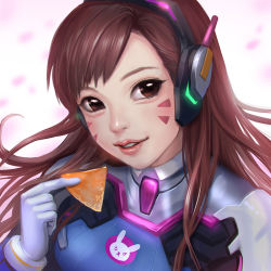 Rule 34 | 1girl, animal print, bodysuit, brown eyes, brown hair, chalii, d.va (overwatch), doritos, facepaint, facial mark, food, gloves, headphones, high collar, holding, holding food, lips, lipstick, long hair, looking at viewer, makeup, matching hair/eyes, nose, overwatch, overwatch 1, parted lips, pilot suit, pink background, pink lips, portrait, rabbit print, ribbed bodysuit, shoulder pads, smile, solo, swept bangs, whisker markings, white gloves