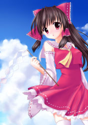 Rule 34 | 1girl, absurdres, bad id, bad pixiv id, bow, brown hair, cloud, day, derivative work, detached sleeves, female focus, frown, gohei, hair bow, hakurei reimu, highres, japanese clothes, long hair, looking at viewer, miko, petticoat, ponytail, red eyes, sky, solo, thighhighs, touhou, tsukimiya kamiko, white thighhighs, zettai ryouiki